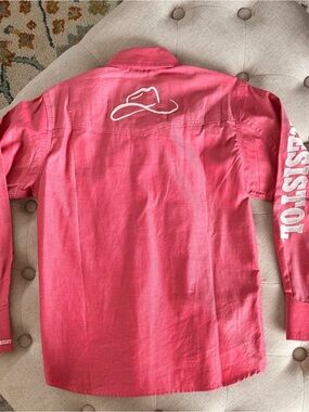 Kids' Coral Pink Button-Down Shirt with White Western Graphic